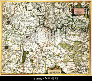 . Nederlands : Deze kaart van de heerlijkheid Malines en het hertogdom Aarschot werd uitgegeven door Nicolaes Visscher II (1649-1702). Dans cette vorm werd de kaart vanaf 1648 veel gebruikt' voor de Germanie inférieure, de eerste nationale atlas van Nederlanden. Anglais : le plan du domaine Malines et le duché d'Aarschot a été publié par Nicolaes Visscher II (1649-1702). Dans cette apparition, la carte est souvent utilisée pour la Germanie inférieure, le premier atlas national de l'Netherlandss, à partir de 1648. MECHLINIA DOMINIUM et AERSCHOT DUCATUS. après 1681. Atlas Van der Hagen-KW1049B11 077-MECHLINIA D Banque D'Images