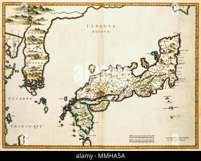 . Nederlands : Deze kaart van Japon en Corée en 1655 werd gepubliceerd in de Atlas Sinensis van Joan Blaeu (1598-1673). Het bijzondere aan deze kaart, samengesteld door de Italiaanse missionaris Martino Martini (1614-1661), est de dat van omtrekken betrouwbaar Japon zijn weergegeven, terwijl ook Corée désormais corriger als een schiereiland est getekend. Cette carte a été prototype voor het al de kaarten mourir dans de 17De eeuw van dit gebied werden. samengesteld Anglais : Martino Martini (1614-1661) Carte du Japon était de fournir la plus exacte des grandes lignes Japans depuis plus d'un siècle Banque D'Images