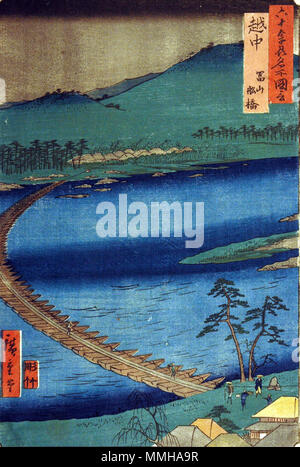 . Anglais : numéro d'Accession : 1957.286 : l'artiste Utagawa Hiroshige Afficher Titre : 'La Province d'Etchu, Toyama, ponton' traduction(s) : '(Etchu, Toyoma, Funabashi)' : le titre de la série célèbre vue sur les soixante et quelques provinces de nom : Rokujuyoshu meisho zue Date de création : 1853 technique : gravure sur bois HAUTEUR : 13 1/2 po. Largeur : 9 1/8 in. Dimensions d'affichage : 13 1/2 po. x 9 1/8 in. (34,29 cm x 23,18 cm) Editeur : Koshimuraya Heisuke Credit Line : legs de Mme Cora Burnett Timken : Copie de l'étiquette 'une des séries : Rokuju ye Shin. Meisho dzu. ''Vues des 60 provinces ou plus''. Publié par Koshei kei en 1853-185 Banque D'Images