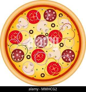 Pizza aux champignons, salami, saucisses et tomates. L'illustration pour la publicité, sites web, flyer, bannières design. Vector illustration. Illustration de Vecteur