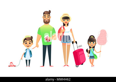 Les personnes en attente de famille voyageant en avion ou en train. Cartoon papa, maman et enfant voyageant ensemble. Jeune couple cartoon, fille et garçon partir en vacances avec des valises et sacs. L'homme détient des billets et passeports. Grande famille heureuse de laisser sur la sea resort. Banque D'Images