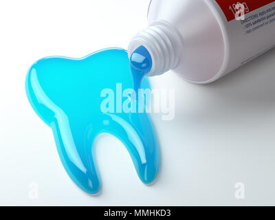 Dentifrice en forme de dent qui sort du tube de dentifrice. Concept dentaire Le brossage des dents. 3d illustration Banque D'Images