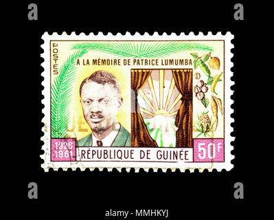 Timbre-poste imprimé par la Guinée, qui montre Patrice Lumumba, vers 1962. Banque D'Images