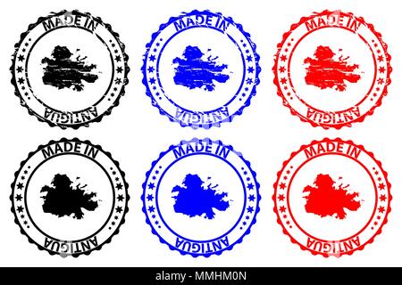 Fait à Antigua - timbres en caoutchouc - vecteur, Antigua carte - noir, bleu et rouge Illustration de Vecteur