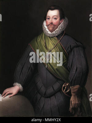 . Anglais : Sir Francis Drake (ch. 1540-1596), orienté vers la gauche en gris plissé permanent doublet avec col et poignets en dentelle, bordée d'or volé vert drapé sur sa poitrine, l'épée à son côté, tenant une paire de gants dans sa main gauche et sa main droite posée sur une sphère, le port du bijou Drake sur une chaîne en or autour de son cou signé 'HBone' (en bas à droite) et signé, daté et inscrit dans son intégralité sur le contre-émail 'Monsieur Francis Drake. après une photo en la possession de Sir Tho:s Trayton Fuller Eliott Drake Bar:t de Cour Nutwell, près de Honiton, Devon Londres Avril 1829 Peint par Henry R. UN OS Banque D'Images