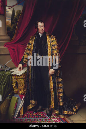 . Anglais : John Charles Spencer, vicomte Althorp, 3e comte Spencer (1782-1845), à titre de chancelier de l'Échiquier, pleine longueur en robe du Chancelier sur noir costume de deuil, debout à côté d'un George II table console en bois doré de Spencer House drapé de tissu vert, sa main droite reposant sur un document intitulé "amendement de la loi des pauvres, grands livres reliés en cuir et folio appuyée sur pied de table, l'encrier, grenier à sel et de la douille sur le stand d'argent sur la table, rideau rouge, pilier et de l'intérieur du rideau ; paysage historique signé et daté sur le dos du plus grand livre relié en cuir '1835. H Banque D'Images