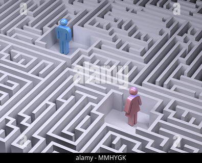 Symboles de l'homme et la femme dans le Labyrinthe Labyrinthe, 3d illustration Banque D'Images