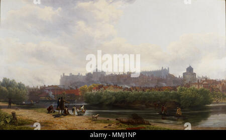 . Anglais : une vue sur le château de Windsor depuis le nord-ouest, sur la Tamise. Une gravure aquatinte de cette photo a été publiée comme l'frontispece (planche 1) de W.H. Pyne (1819) l'histoire du Royal Residences Vue du château de Windsor. 1816. Vue sur le château de Windsor, par George Samuel, 1816 - Royal coll 404838 185353 00 LPR Banque D'Images