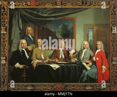 . Anglais : portrait de groupe de l'administration en 1736 de l'Proveniershuis à Haarlem. Les régents assis de gauche à droite : Cornelis Ascanius van Sypesteyn (1694-1744), A. de Bruijn, Jacobus Barnaart (1696-1762), M. Kuijts en Jan Reeland (1708-1755). L'homme debout à l'arrière est probablement le secrétaire, mais son nom est inconnu. English : Portrait de groupe des régents en 1736 à la Proveniershuis à Haarlem. De gauche à droite : Cornelis Ascanius van Sypesteyn (1694-1744), A. de Bruijn, Jacobus Barnaart (1696-1762), M. Kuijts en Jan Reeland (1708-1755). L'homme assis au fond est certainement le sec Banque D'Images