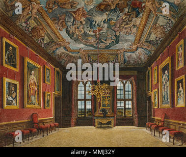 . Anglais : une vue de la chambre de garde de la Reine au château de Windsor La gravure aquatinte de cette photo a été publié dans l'assiette de 14 W. Pyne (1819), l'histoire du Royal Residences l'ancien État du roi chambre à coucher, le château de Windsor.. 1817. Le Château de Windsor, King's Old State chambre ŕ coucher, par Charles Wild, 1816 - Royal coll 922106313687 2 ORI Banque D'Images