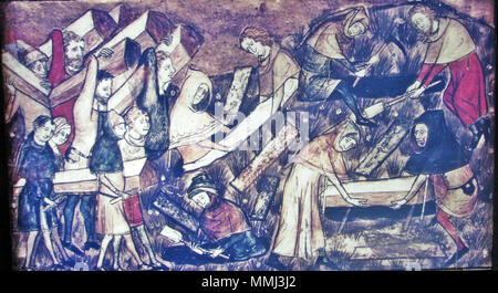 . Français : pièce dépeignant une miniature d'un manuscrit du 14ème siècle en Belgique au Musée de la diaspora, à Tel Aviv - fr:Beit Hatefutsot. Le musée note dit "Les citoyens de Toumai enterrer leurs morts au cours de la mort noire. À partir de la Miniature manuscrit, Belgique, 14ème siècle'. (La photo a été prise par fr:Utilisateur:Sodabottle) . Le 8 août 2011. 86 Inconnu, tourmai de Blackdeath Banque D'Images