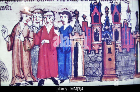 . Français : pièce dépeignant une miniature à partir d'un centre de l'Allemagne 1300 manuscrit à la Diaspora Museum, à Tel Aviv - fr:Beit Hatefutsot. Le musée note dit "Biships à l'entrée d'une ville, manuscrit, Centre de l'Allemagne, 1300'. (La photo a été prise par fr:Utilisateur:Sodabottle) . Le 8 août 2011. Inconnu 85 évêques à l'entrée d'une ville, manuscrit Banque D'Images
