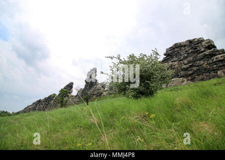 Weddersleben, Allemagne - 10 mai 2018 : vue sur le Mur du diable dans les montagnes du Harz, Allemagne. Le Mur du diable est en grès et a été construit en Banque D'Images