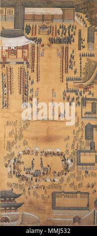 . Anglais : procession de 8 jours menée par le roi Jeongjo. Le roi tirant des flèches à Deukjung Pavilion, 1795-02-14 한국어 : 화성행행도 병풍. 득중정어사 . 1795. Kim Deuksin & al.  ? ? ? Color6-Haenghaeng deugjungjeongeosa- Banque D'Images