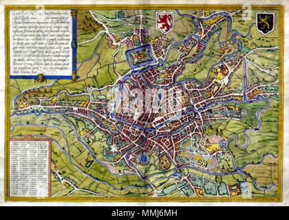 . Anglais : Titre : Gandauum Amplissima Flandriae Urbs, ... Auteur : G.Braun & Hogenberg.PlaceAndYear : Cologne 1572 Description : Gand flamande est montré ici à partir du nord-ouest et d'une grande hauteur - les villes les principaux bâtiments et les moulins sont minutieusement placés entre les rivières. En Amérique un cartouche en haut à gauche décrit comme la plus célèbre de Gand en Flandre, ville fondée par Jules César et appelé Gaius après son prénom. Dimensions : 475 x 330 mm Couleur : Couleur cuivre technique : . 1572. Braun & Hogenberg Gand, Belgique, Braun & Hogenberg, 1572 ; Banque D'Images