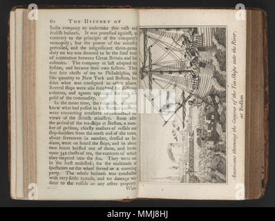 . Anglais : "Les Américains de lancer le chargement des navires du thé dans la rivière, à Boston." Gravure de W.D. M. Cooper. L'histoire de l'Amérique du Nord. Londres : E. Newbery, 1789. Rare Book and Special Collections Division, Library of Congress (12.01.00) . 1789. Cooper 1773 BostonTeaParty Cooper Banque D'Images
