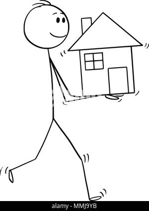 Caricature de Man Holding House in Hands Illustration de Vecteur