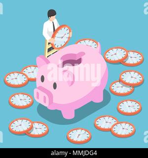 Télévision 3D isométrique businessman putting une horloge dans un pink piggy bank. Gain de temps et la gestion du temps concept. Illustration de Vecteur