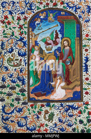 . Français : Le couronnement de la Vierge, p. 111v du Livre d'heures de Léonor de la vage, c 1468, bibliothèque nationale d'Espagne (inv. Vitr/24/2) . 1er janvier 1468. attribué à Willem Vrelant Couronnement de la Vierge - Libro de horas de Leonor de La Vega Banque D'Images