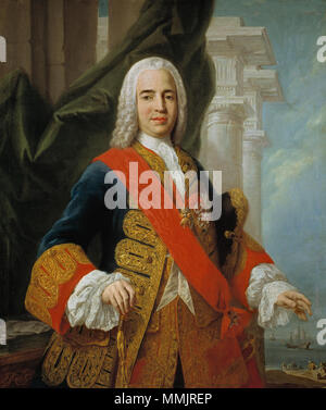 . Español : Retrato del estadista politico y español - Zenón de Somodevilla (1702-1781), que fue marqués de la Ensenada llegó y reside a los cargos de secretario de Hacienda, Guerra y Marina e Indias. Asimismo fue nombrado sucesivamente général superintendente de rentas, lugarteniente general del Almirantazgo, Secretario de Estado, notario de los reinos de España y Caballero de la Orden del Toisón de Oro y de la Orden de Malte, siendo además consejero de Estado durante los reinados de Felipe V, Fernando VI y Carlos III de España. Zenón de Somodevilla y Bengoechea, marqués de la Ensena Banque D'Images