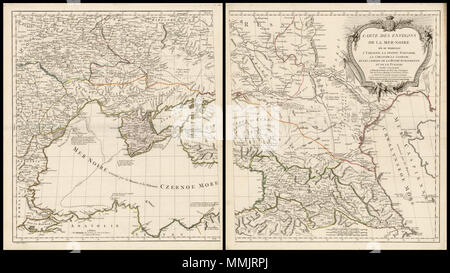 . English : Charles François Delamarche : Carte des environs de La Mer-Noire ou se trouvent l'Ukrayne, La Petite Tartarie, la Circassie, la Georgie, et les confins de la Russie européenne, et de la Turquie. 1783. Anglais : Hiighly fiche détaillée deux carte de la région de la Pologne, l'Ukraine et la mer Noire à l'ouest de la mer Caspienne à l'Est. Elle comprend une grande cartouche décoratif. Gravée par Dussy et publié initialement par de Vaugondy. . Paris / 1783. Charles François Delamarche (1740-1817) Charles François Delamarche. Carte des environs de la Mer Noire ou se trouvent, LUkrayne La Peti Banque D'Images