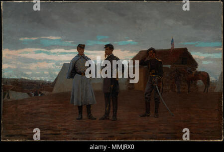 . Winslow Homer a fait ses premières années de formation artistique comme apprenti à Boston puis à New York, où il a établi sa réputation d'illustrateur pour Harper's Weekly. Dans son rôle de "Artiste" pour Harper's en 1861, Homer a été envoyé au front de la guerre civile à l'âge de 25 ans à documenter les deux scènes de bataille et la vie du camp. Cette impressionnante peinture à l'huile décrit trois dirigeants syndicaux au Camp Benton, près de la rivière Potomac, dans les premiers mois de la guerre. Il propose le capitaine William Francis Bartlett (1840-1876) et le lieutenant-colonel Francis Winthrop Palfrey (1831-1889) de la 20e Banque D'Images