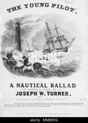 . Le jeune pilote, une ballade nautique, paroles et musique par Joseph W. Turner / lith. d'E.W. Bouvé. Sommaire : 'Sheet music couvrir montrant le phare sur les roches, navire et deux hommes en petit bateau sur les hautes vagues en tempête. Albert Gurney, qui était dans un petit bateau, est mort dans cette tempête.'--catalogue de la Bibliothèque du Congrès. Moyen : 1 gravure : lithographie. Créé/Publié : Boston : publié à la Keith's Music Publishing House, 1846. Organisateur : Bouve, Ephraim W., 1817-1897, lithographe. Référentiel : Library of Congress, Prints and Photographs Division, Washington, D.C. 20540 USA . 1846. E.W. 1846 YoungPilot byEWBou Bouvé 7 Banque D'Images