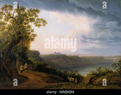 . Anglais : Jakob Philipp Hackert, Vue du lac Albano avec Castel Gandolfo (1800), huile sur toile, 65 x 88 cm, Düsseldorf, museum kunst palast. Deutsch : Jakob Philipp Hackert, Blick auf den Albaner Voir mit Castel Gandolfo, 1800 Öl auf Leinwand, 65 x 88 cm, Düsseldorf, museum kunst palast. . 1800. fichier : James Tite-live ; illustrations : Jacob Philipp Hackert Hackert, Blick auf den Albaner Voir mit Castel Gandolfo, 1800 Banque D'Images