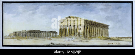 . Deutsch : Jakob Philipp Hackert (1737-1807) et Charles Gore (1729-1807), Ansicht der Basilique und des Poseidontempels von Paestum, 1777, Aquarell über Feder dans Grauschwarz und Graphit, 133 x 381 mm, Klassik Stiftung Weimar, Graphische Sammlungen. Anglais : Jakob Philipp Hackert (1737-1807) et Charles Gore (1729-1807), vue sur la Basilique et Poseidon Temple de Paestum (1777), couleur de l'eau plus de stylo (plume) en gris-noir et graphite. 133 x 381 mm. Klassik Stiftung Weimar, Graphische Sammlungen. . 1777. Hackert, Ansicht der Basilique und des Poseidontempels von Paestum, 1777 Banque D'Images