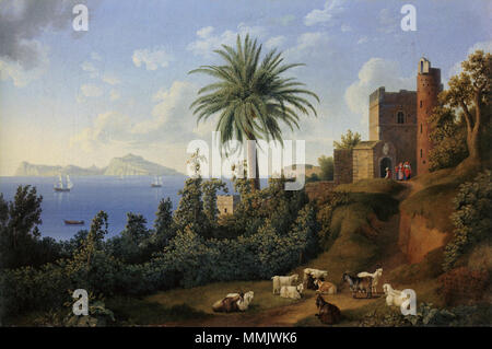 . Deutsch : Jacob Philipp Hackert, Blick vom Posillipo auf die Insel Capri, 1795, Öl auf Leinwand, 65,7 x 98,4 cm, Privatbesitz. Anglais : Jacob Philipp Hackert, vue de Posillipo sur l'île de Capri (1795), huile sur toile, 65,7 x 98,4 cm, société privée. . 1795. Hackert, Blick vom Posillipo auf die Insel Capri, 1795 Banque D'Images