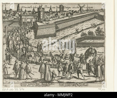 . Anglais : WIllem d'Orange est d'arriver à Anvers, 18 nov 1577 Nederlands : Intocht van de Prins van Oranje te Antwerpen, 18 septembre 1577. Stoet remplies de Prins van Oranje en een ouvrir wagen trekt door de Rodepoort de stad binnen. . Entre 1577 et 1590.. Frans Hogenberg Intocht van de Prins van Oranje te Antwerpen, 1577 Banque D'Images