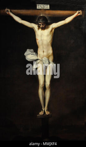 . Español : Esta obra, que muestra a Cristo crucificado, es considerada por algunos autores como una obra maestra por la gran calidad del dibujo y del modelado y también por su sobriedad. Le procede y del desaparecido Convento de San Martín de Madrid, de la Orden benedictina. Cristo crucificado. vers 1646. Alonso Cano (1601-1667) - Gekruisigde Christus - Bellas Artes de Madrid 19-03-2010 11-02-00 Banque D'Images