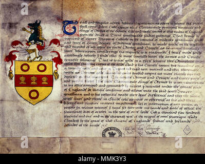 . Anglais : Signé subvention du roi d'armes Clarenceux Robert Cooke à Henry Draper de Colnbrook lui donnant le droit d'utiliser l'art héraldique illustré (Golde, sur un ffesse Annulettes résid betwene de gueules, résid standing du cuppes felde), . 14 octobre 1571. Robert Cooke Concession d'armoiries pour Henry Draper de Colnbrook 1571 Banque D'Images