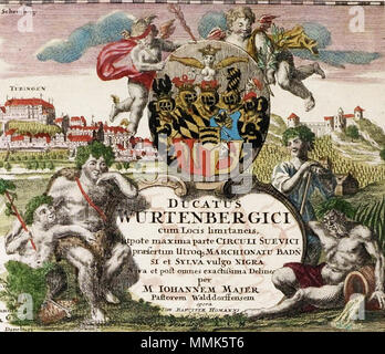 . Deutsch : un Reichssturmfahne zweiter Stelle des Wappens Herzog von Eberhard Ludwig von Württemberg mit den württembergischen Hirschstangen Herzschild la SLA. Die Darüber Herrschaften Grüningen, Urach, Mömpelgard, Teck und Heidenheim. Ausschnitt aus der Karte des Herzogtums Wurtemberg (1710) . 1710. Johann Majer 1710 Reichssturmfahne Wappen Eberhard Ludwig vW Banque D'Images