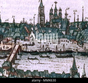 . Anglais : vue sur la Meuse et la partie centrale de Maastricht, aux Pays-Bas, autour de 1570. Droit du pont (7) : le premier établissement des Augustines à Maastricht. Détail de panorama par Simon de Bellomonte, c 1570, publié en 1575 dans la partie 2 de Braun & Hogenberg's atlas of world cities Civitates orbis terrarum. . 13 mai 2014, 23:33:54. Simon de Bellomonte, c 15755 1581braun hogenberg II 21 détail b1 Banque D'Images