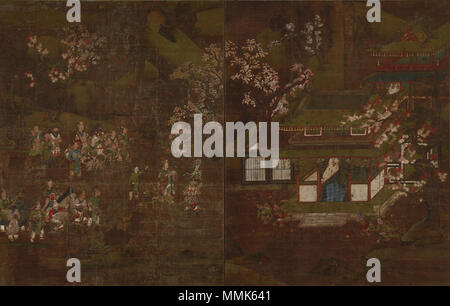 . Anglais : écrans Shariden Horyuji, Musée National de Tokyo, Japon 日本語・商山四皓図 絹本著色文王呂尚 : . C14. Période Nanbokucho Horyuji artiste Shariden Écran 4 (TNM) Banque D'Images