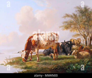 . Anglais : vaches et moutons à la rivière huile sur toile 56,7 x 72,1 cm signé b.r. : P van Os 1832 vaches et moutons à la rive du fleuve *huile sur toile 56,7 x 72,1 cm * *signé b.r. : P van Os 1832 vaches et moutons à la rivière, par Pieter Gerardus van Os (La Haye 1776 - 1839) Banque D'Images