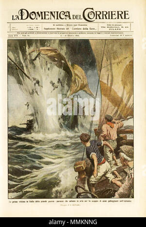 . Anglais : Scan de la première page de l'édition de la "La Domenica del Corriere", un magazine italien, avec un dessin d'Achille Beltrame représentant un navire de pêche italien détruit par les mines marines autrichien (mer Adriatique - 1914) Italiano : Scansione della Prima pagina della rivista "La Domenica del Corriere' dell'11 ottobre 1914 con una illustrazione di Achille Beltrame raffigurante una nave di pescatori italiani dalle distrutta navali austriache mine. . 11 octobre 1914. Achille Beltrame (1871-1945) peintre et illustrateur italien Description qui a travaillé principalement pour La Domenica del Corri Banque D'Images