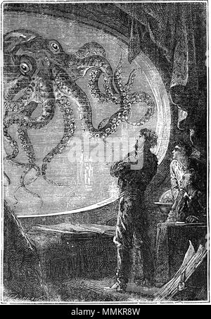 . Gravure du Capitaine Nemo de l'affichage d'un calmar géant d'un hublot de sous-marin, le Nautilus à partir de 20000 Lieues sous les mers de Jules Verne. . 1870. Alphonse de Neuville et Edouard Riou 14 20000 viewbay Nautilus squid Banque D'Images