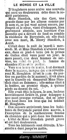 . Français : l'article de presse publié dans le journal Le Gaulois n° 1522 le 29 octobre 1886, relatant l'incendie du manoir de Berystede en Angleterre, propriété de Lord Henry Noailles Widdrington Standish de Standish et son épouse Dame Hélène de Pérusse des Cars. . 29 octobre 1886. Inconnu dans l'Berystede journaux français (05) Banque D'Images