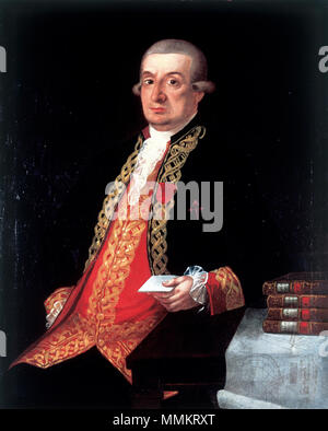 . Español : Retrato del José Joaquín Romero y Fernández de Landa (1736-1807), que fue caballero de la Orden de Santiago y teniente general de la Real Armada Española. Retratado de espaldas aparece el mirando, un su derecha, codo con su izquierdo sobre una Mesa ALPC que votre pays con libros y sosteniendo un papel con su mano derecha. Viste y el uniforme grande de jefe de escuadra de la Real Armada Española y luce en su pecho la venera y la cruz de la Orden de Santiago. Ya Esta obra figura en el Catálogo del Museo Naval de Madrid de 1853, y fue restaurada en 1993. José Joaquín Romero y Fernández de Landa. 18e Banque D'Images