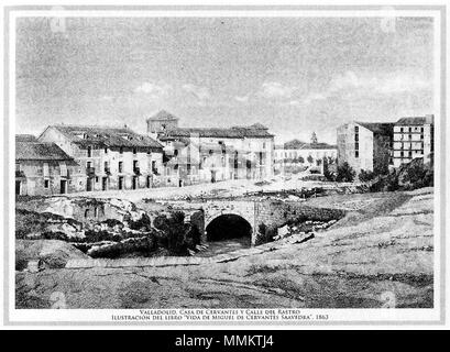 . Español : Puente sobre el río Esgueva, casas de Cervantes y a continuación Lo último el edificio del desaparecido Hospital de la Resurrección. En todo al Ciudad de Valladolid, España. La imagen se encuentra ilustrando el libro Vida de Miguel de Cervantes Saavedra de Jerónimo Morán (1863). Se puede consultar en la Biblioteca Nacional de España. . 1 février 2017, 19:42:19. Jerónimo Morán Casa Cervantes Valladolid ilustracion Jeronimo Moran Ni Banque D'Images