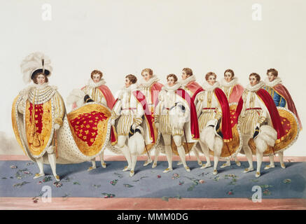 . Anglais : Imprimer montrant George IV du Royaume-Uni avec son train supportés par huit fils de pairs et le maître des robes à son couronnement en 1821. La peinture, commandé par le roi, a été lancé par Francis et James Stephanoff et fini par Edward Scriven. . 1823. Edward Scriven (après Francis et James Stephanoff) couronnement de George IV Banque D'Images