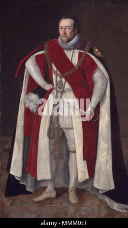 . Anglais : Henry Brooke, 11ème baron Cobham (1564-1618/9) en porte-jarretelles robes, portant le collier de l'ordre de la Jarretière portant le pendentif de l'agglomération de Saint George Henry Brooke, 11ème baron Cobham (1564-1618/9) en porte-jarretelles robes, portant le collier de l'ordre de la Jarretière portant le pendentif de l'agglomération de Saint George *huile sur toile 199,5 x 118,4 cm *Henry Brooke, 11ème baron Cobham, par cercle de Paul van Somer Banque D'Images
