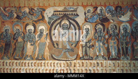 . Anglais : Bouddha flanquée de bodhisattvas avec flying apsaras. Murales de Dunhuang. Cave 428, dynastie Zhou du Nord. . 5 janvier 2013, 01:48:38. 103 anonyme Bouddha flanquée de bodhisattvas avec flying apsaras. Murales de Dunhuang. Cave 428, dynastie Zhou du Nord. Banque D'Images