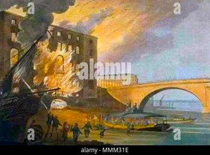 . Peinture de Robert Barker de l'Albion Mills en feu à Londres. Barker a vécu de 1739 à 1806. . (1791) à l'incendie des usines Albion 1806 (décès de l'artiste). Robert Barker. Albion Mills en feu Robert Barker Banque D'Images