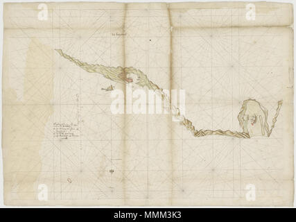 . Nederlands : Titel catalogus Leupe (NA) : van vijants gelegentheijt Caerte des op Quelang Tangswij noorteijnde op het ende van Isla Formosa. De schaal zou ook kunnen zijn Duitse mijlen 5  = 292 ; omgerekende strepen schaal [1] : 130,976. Verso : caerte Notities van vijants gelegentheijt Quelang des op op het Tangswij ende van Noort eijnde Isla Formosa / n° 33 [volgnummer van het stuk in de groupe ?] overgekomen / uit br. en papieren 1630 QQII / folionummer 230 [en] bande de. Vriendelijkheid dans catalogus Leupe : COV 1098. Anglais : titre dans le catalogue Leupe (NA) : van vijants gelegentheijt Caerte des op que Banque D'Images