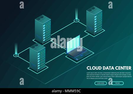 Centre de données avec l'ordinateur et bannière isométrique servers Illustration de Vecteur