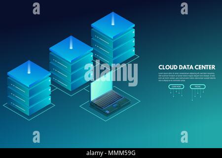 Centre de données bannière isométrique avec ordinateur portable et serveurs Illustration de Vecteur