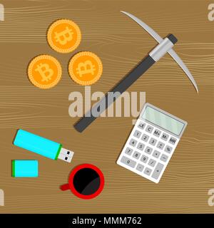 Bitcoin minière concept. Outils pour la mienne. Calculatrice et pioche, tasse de café et d'or devise monnaie, vector illustration Illustration de Vecteur